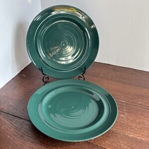 Set Of 2 Retired Pier 1 FESTIVE Teal Green 8"Salad Plates: Embossed Rings Rim‎